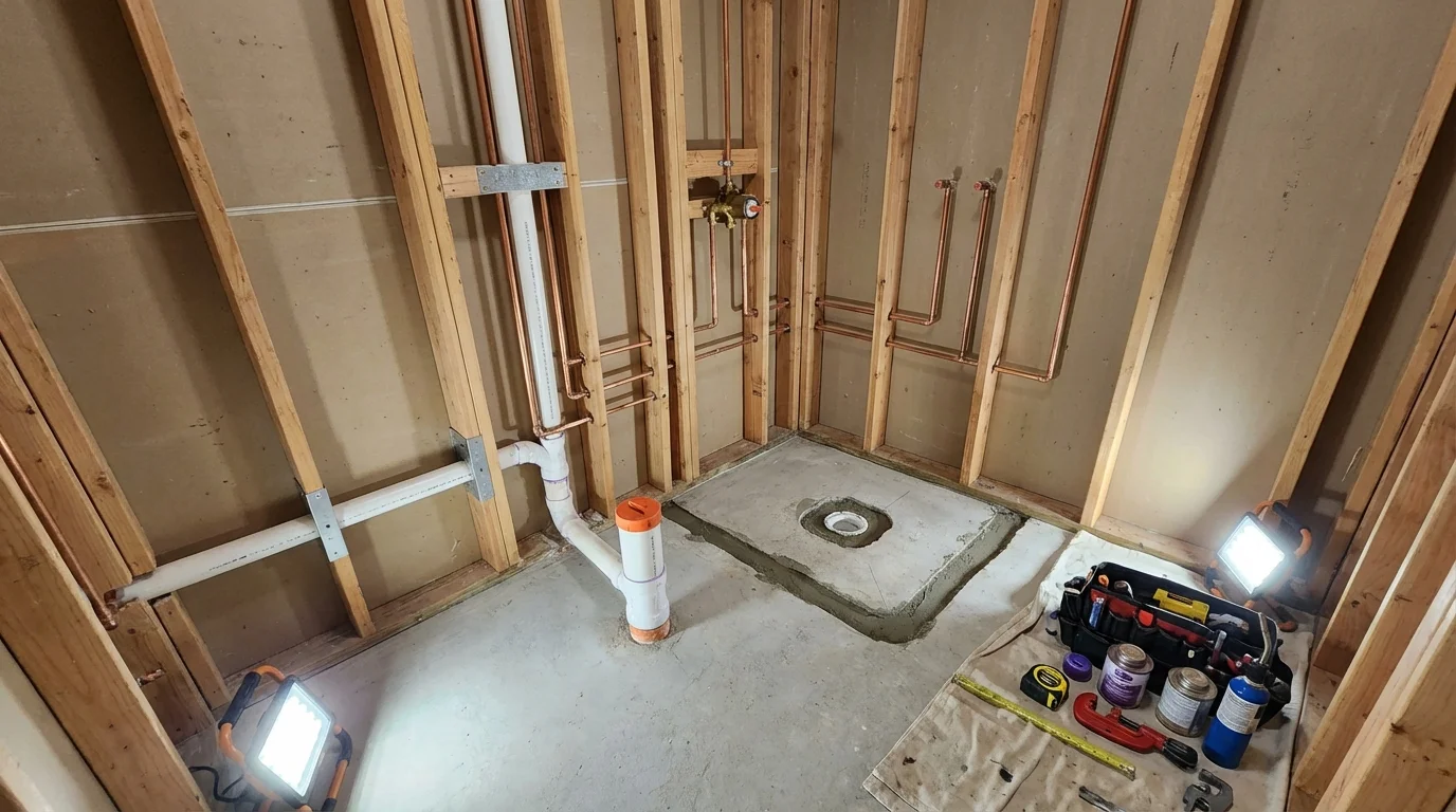 Bathroom rough-in plumbing during remodel by Johns Plumbing LLC in Long Lake