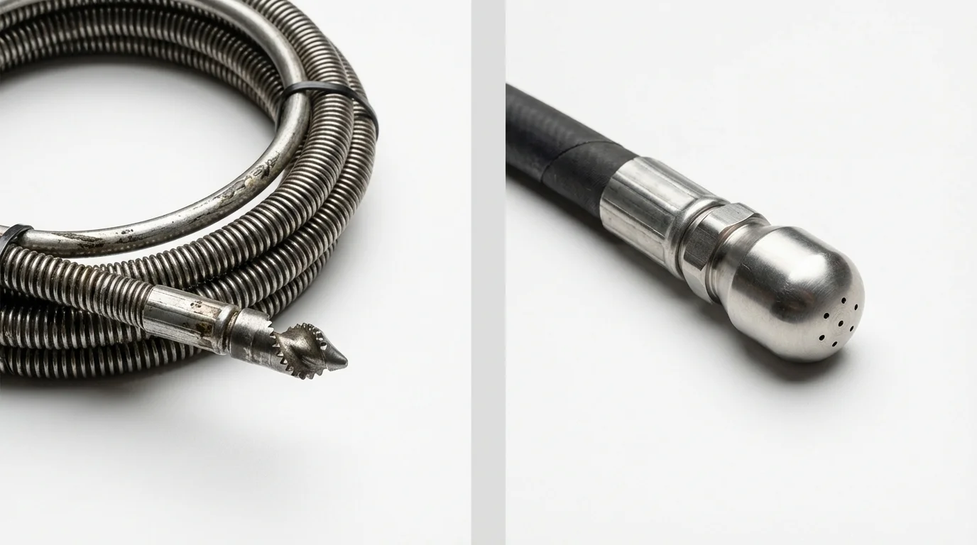 Drain snake cable and hydro jetting nozzle used for drain cleaning in Long Lake, MN