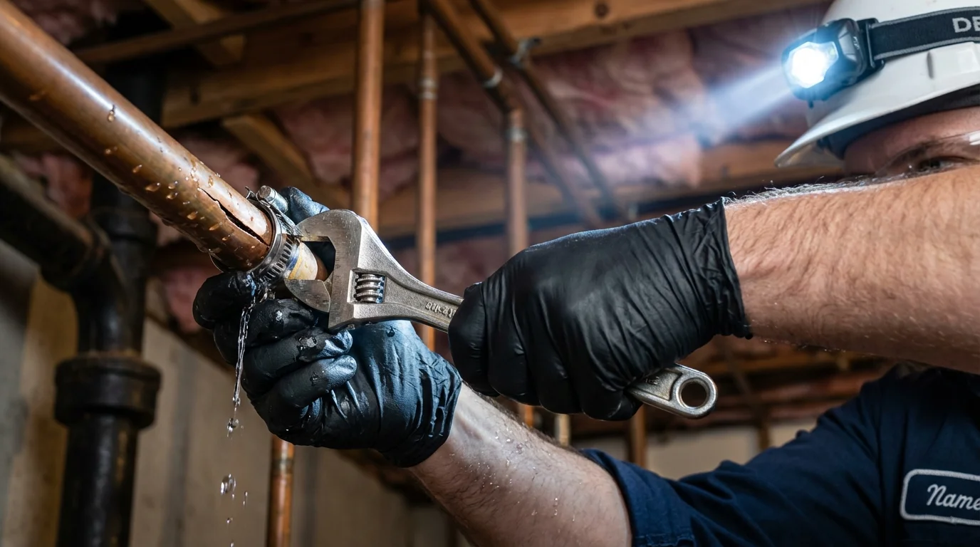 Emergency pipe clamp repair being performed by a Johns Plumbing LLC plumber in Long Lake