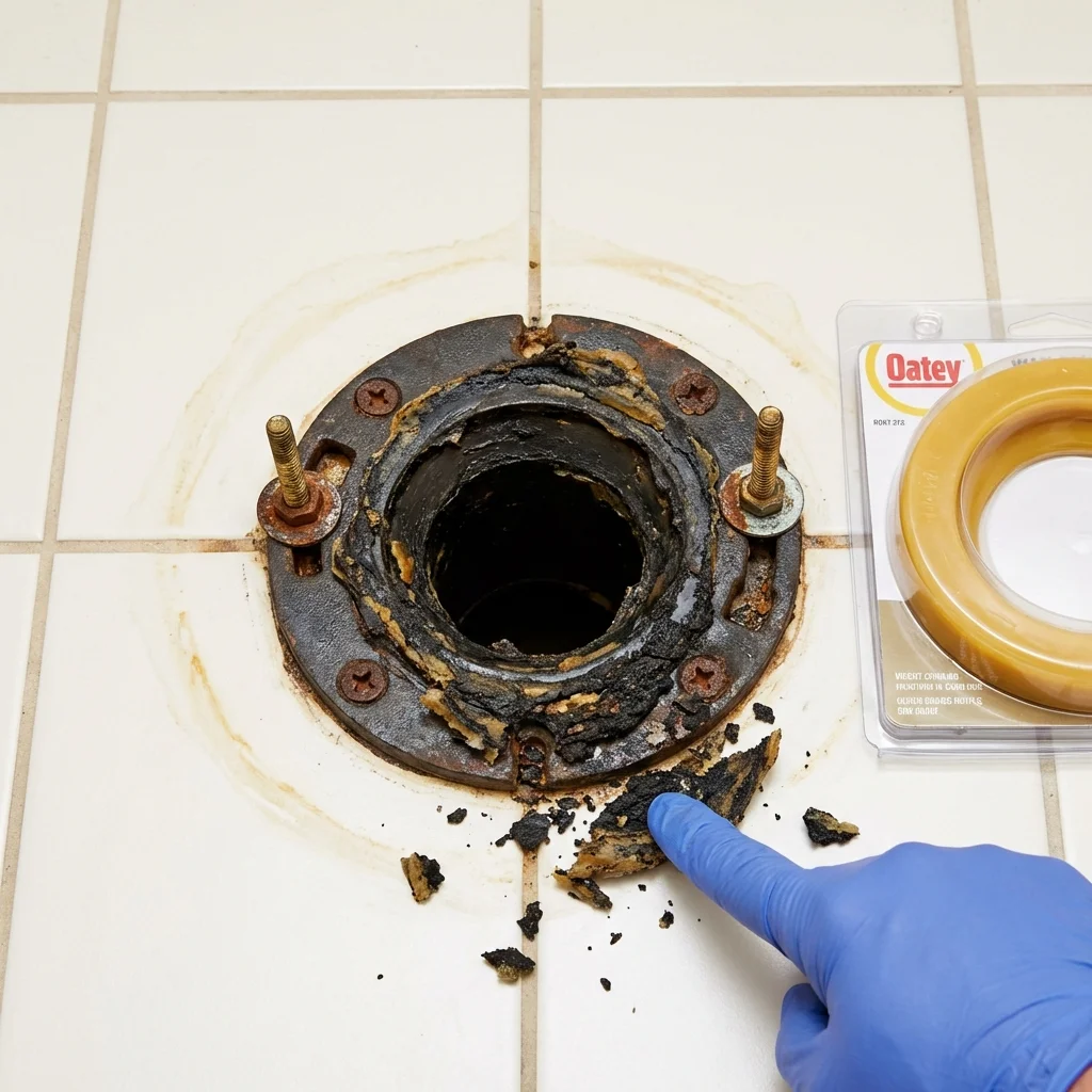 Failed wax ring showing water seepage at the base of a toilet in a Long Lake, MN home