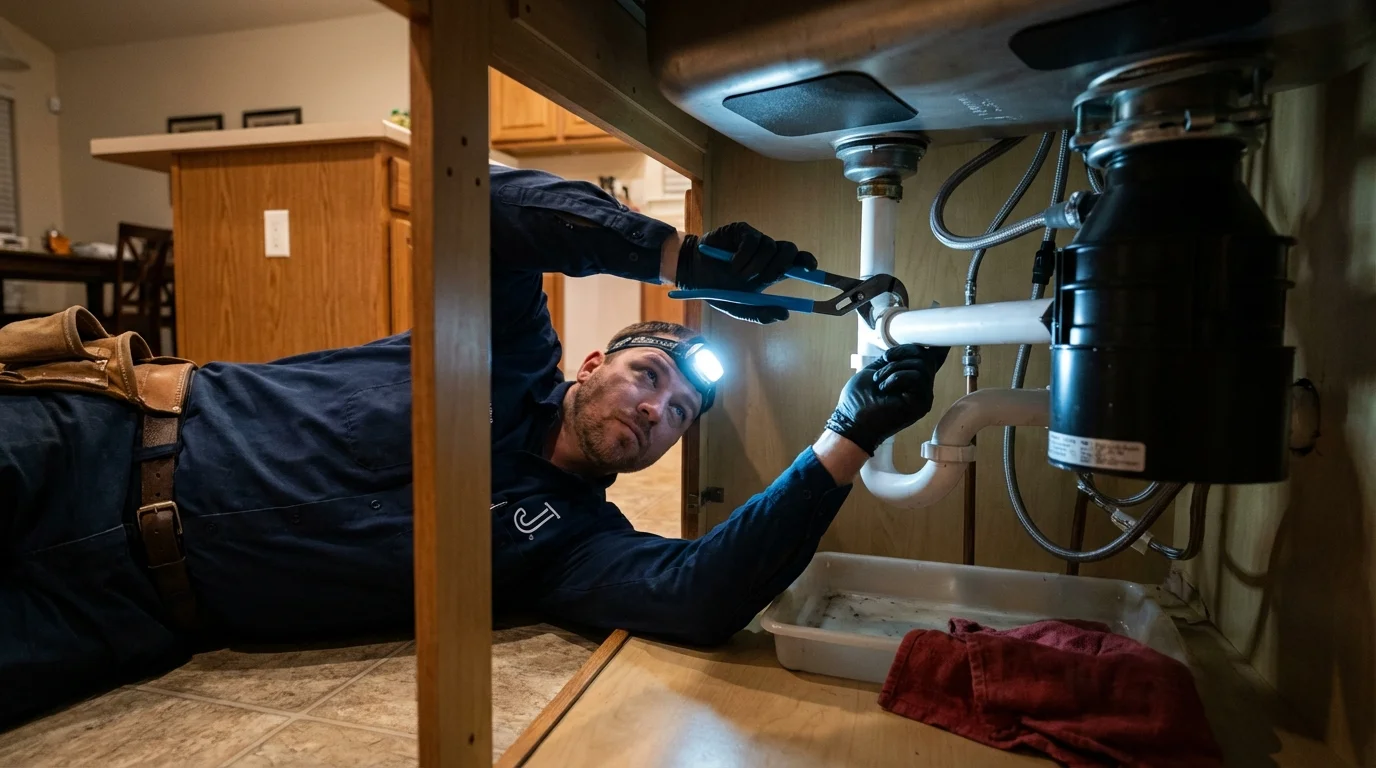 P-trap and supply line connections under a kitchen sink showing a common leak point in Long Lake, MN